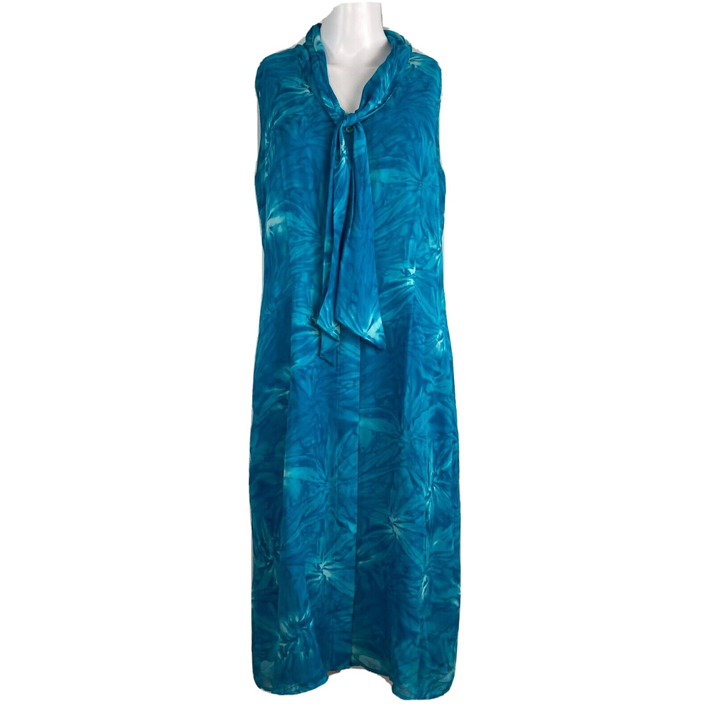 Tess Dress Womens Sz‎ 10 Teal Blue 100% Silk Tie Neck Chiffon Layer Midi